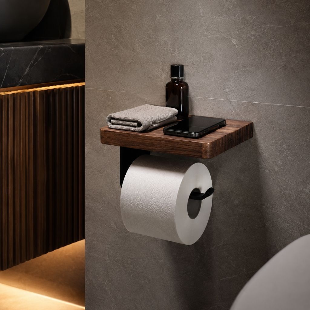 Wall-Mounted Walnut Toilet Paper Holder with Shelf - Tegulane Global