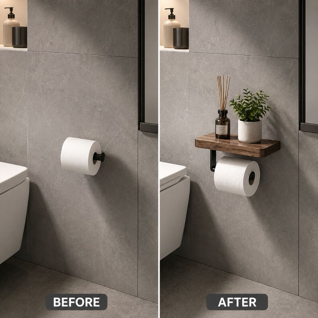 Wall-Mounted Walnut Toilet Paper Holder with Shelf - Tegulane Global