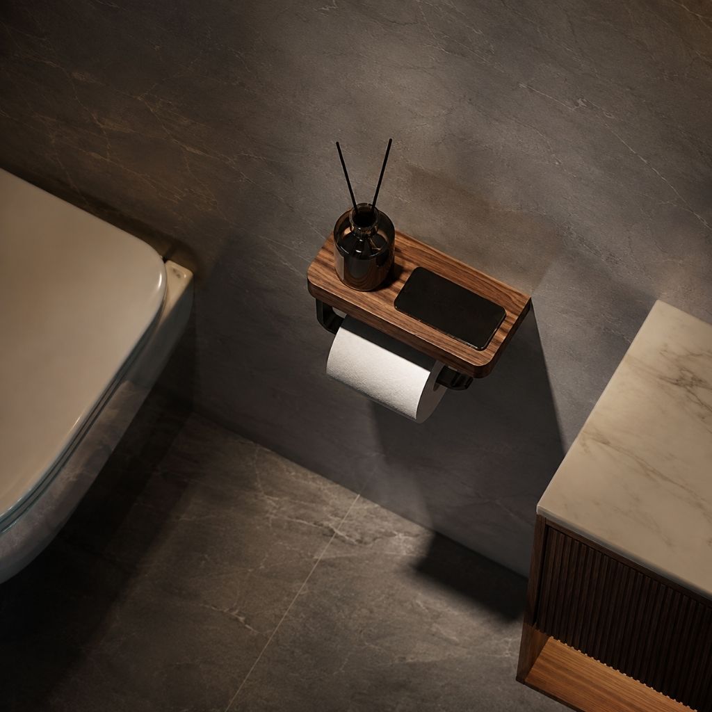 Wall-Mounted Walnut Toilet Paper Holder with Shelf - Tegulane Global
