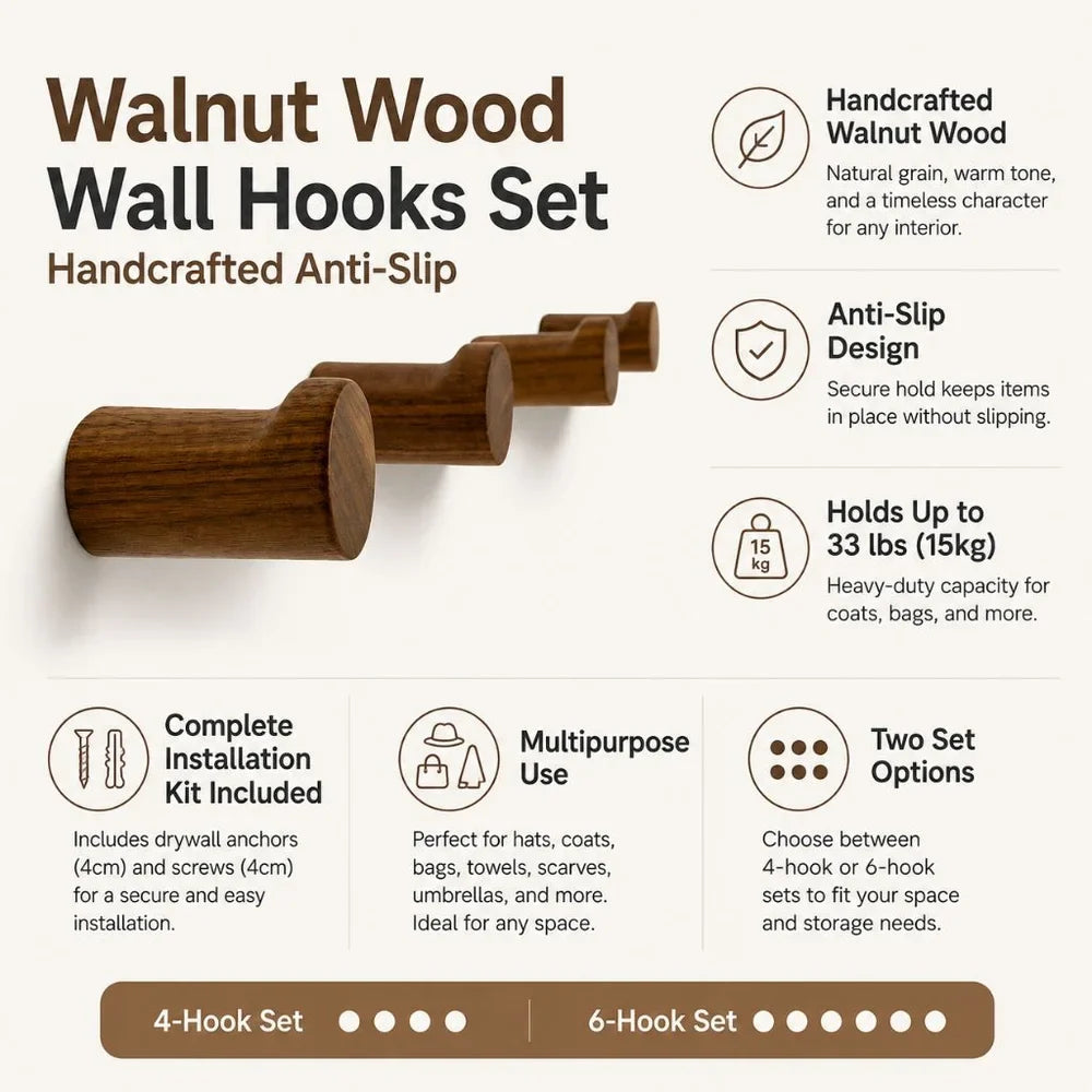 Walnut Wood Wall Hooks Set - Handcrafted Anti-Slip - Tegulane Global