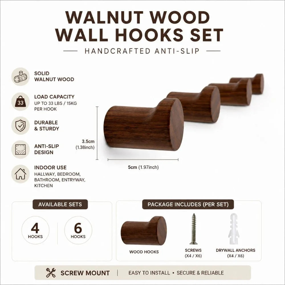 Walnut Wood Wall Hooks Set - Handcrafted Anti-Slip - Tegulane Global