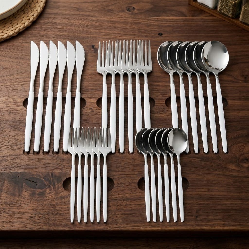 White Silver Cutlery Set - 30 Piece Flatware - Tegulane Global