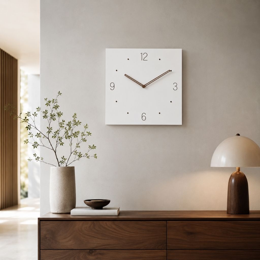 White Square Wall Clock with Walnut Hands - Tegulane Global