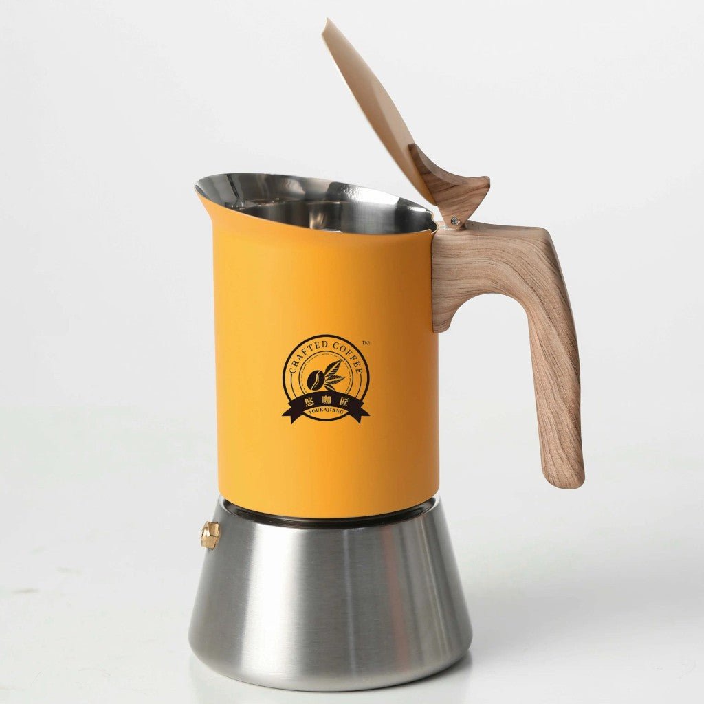 Yellow Induction Moka Pot Coffee Maker - Stainless Steel Nordic Design with Wooden Handle - Tegulane Global