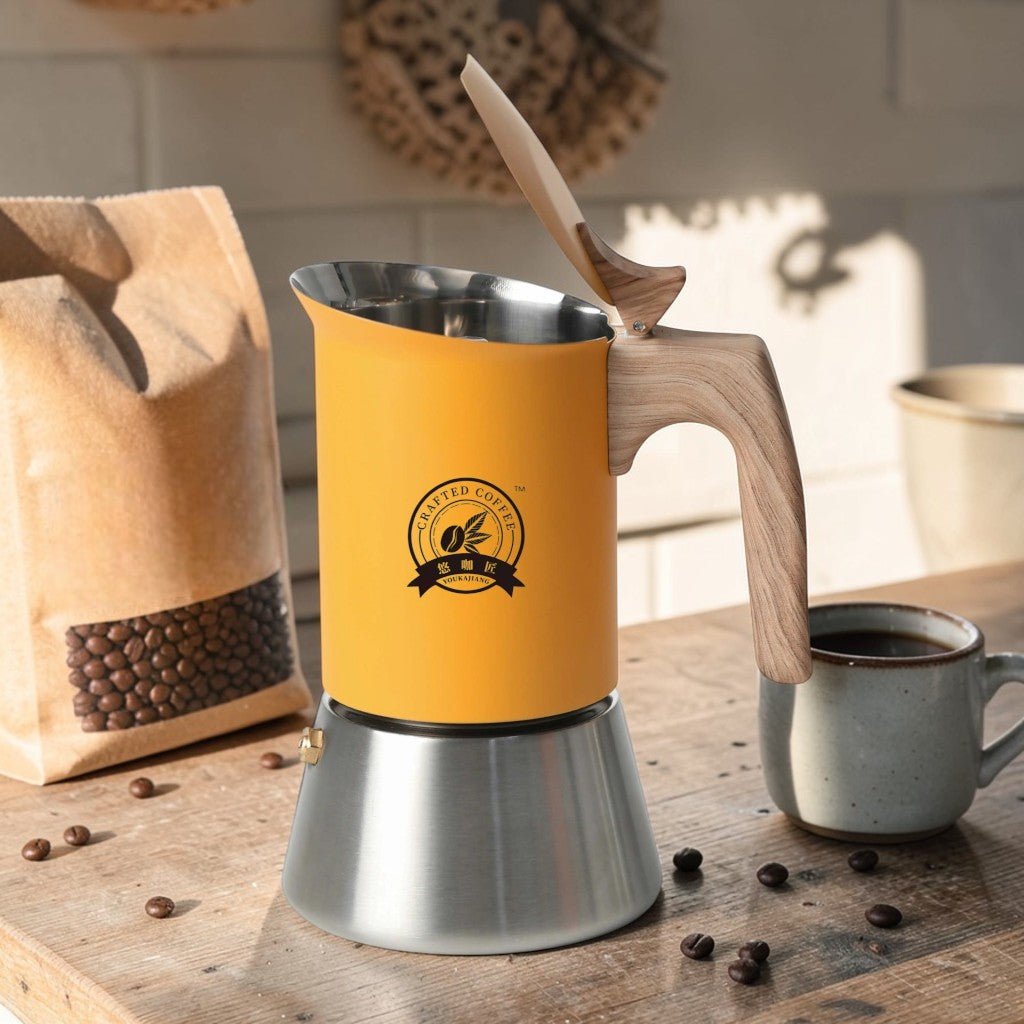 Yellow Induction Moka Pot Coffee Maker - Stainless Steel Nordic Design with Wooden Handle - Tegulane Global