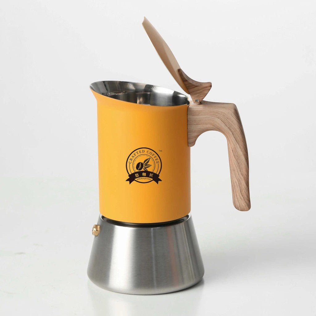 Yellow Induction Moka Pot Coffee Maker - Stainless Steel Nordic Design with Wooden Handle - Tegulane Global