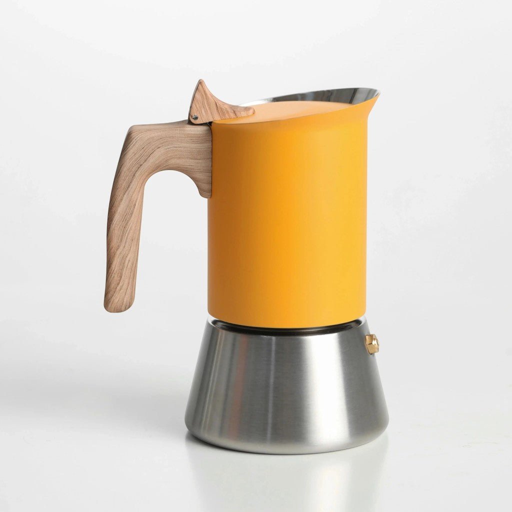 Yellow Induction Moka Pot Coffee Maker - Stainless Steel Nordic Design with Wooden Handle - Tegulane Global