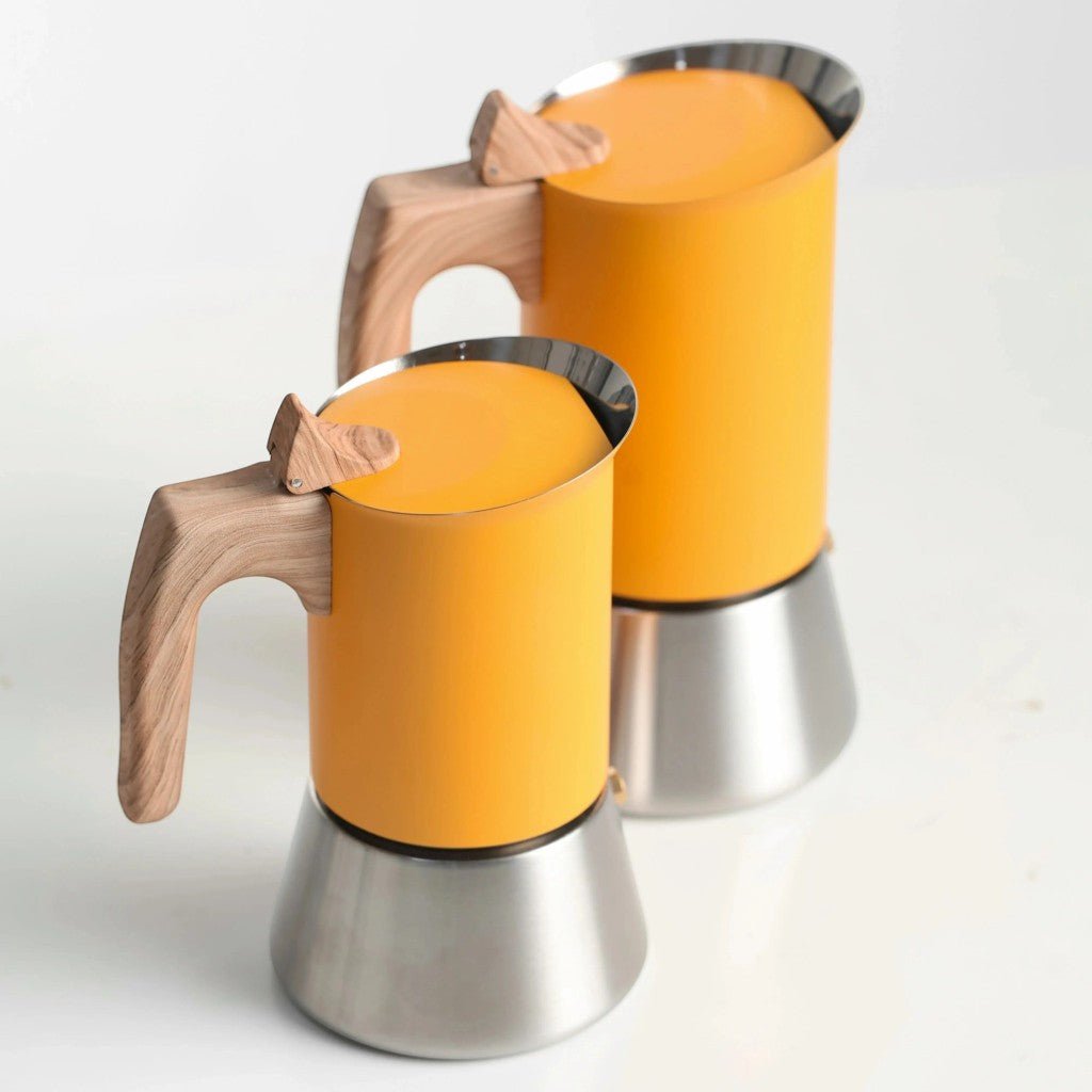 Yellow Induction Moka Pot Coffee Maker - Stainless Steel Nordic Design with Wooden Handle - Tegulane Global