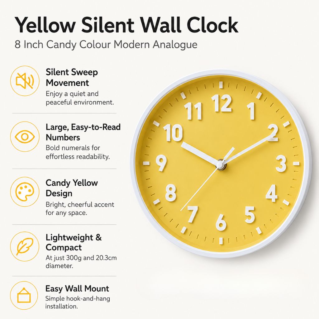 Yellow Silent Wall Clock 8 Inch Candy Colour Modern Analogue - Tegulane Global