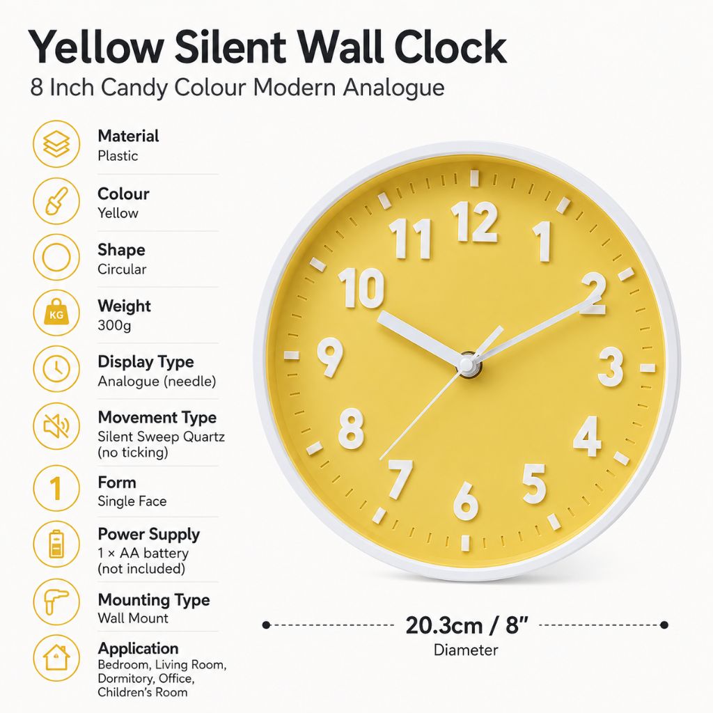 Yellow Silent Wall Clock 8 Inch Candy Colour Modern Analogue - Tegulane Global
